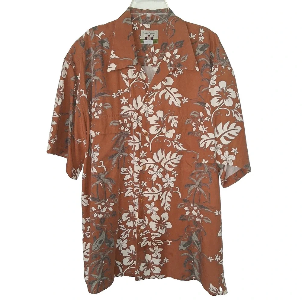 Reyn Spooner Linen Blend Shirt Men's Large Chest Flap Pockets Floral Hawaiian